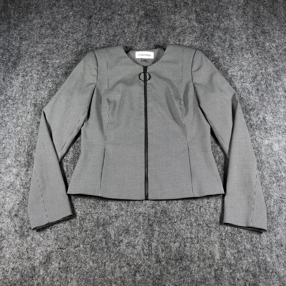 Calvin‎ Klein Women's 4P Houndstooth Zip Front Career Jacket Black White